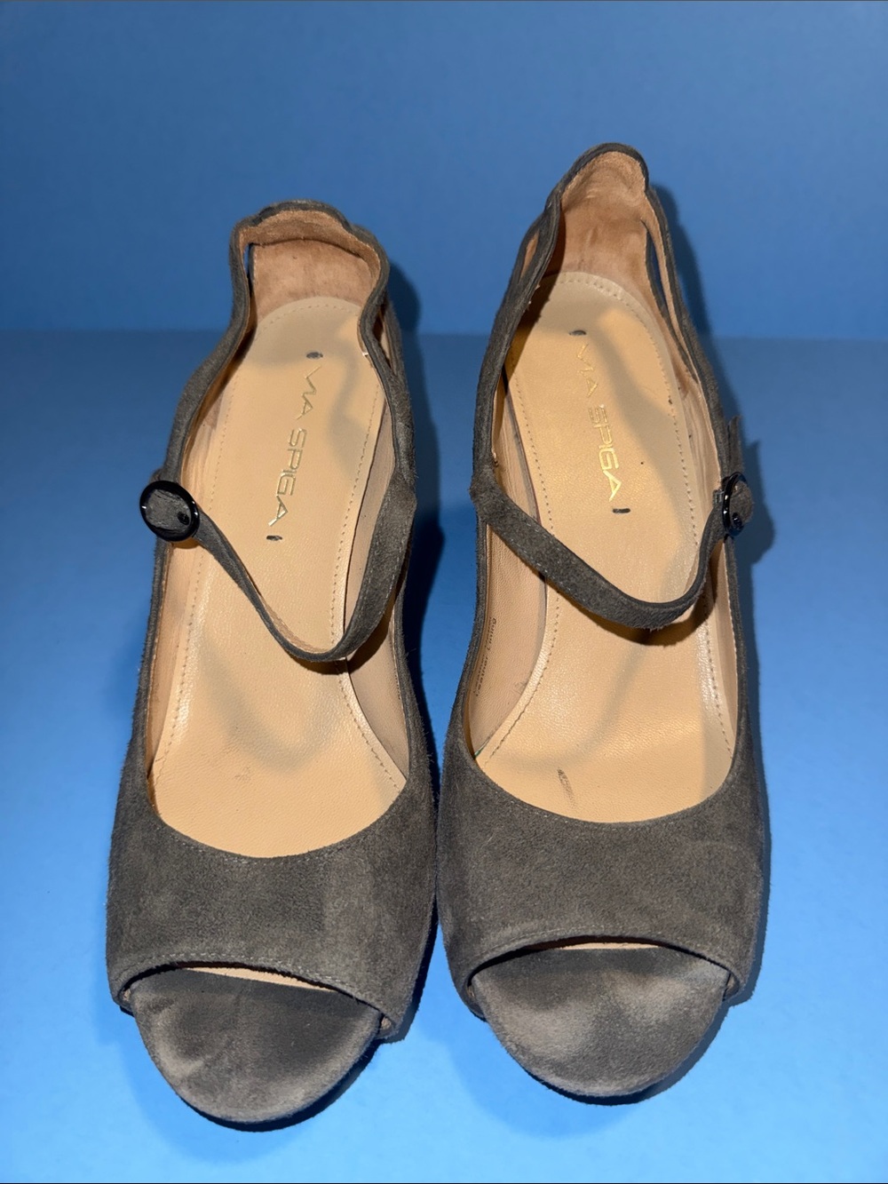 Via Spiga Brown Suede Peep-Toe Mary-Jane Heels